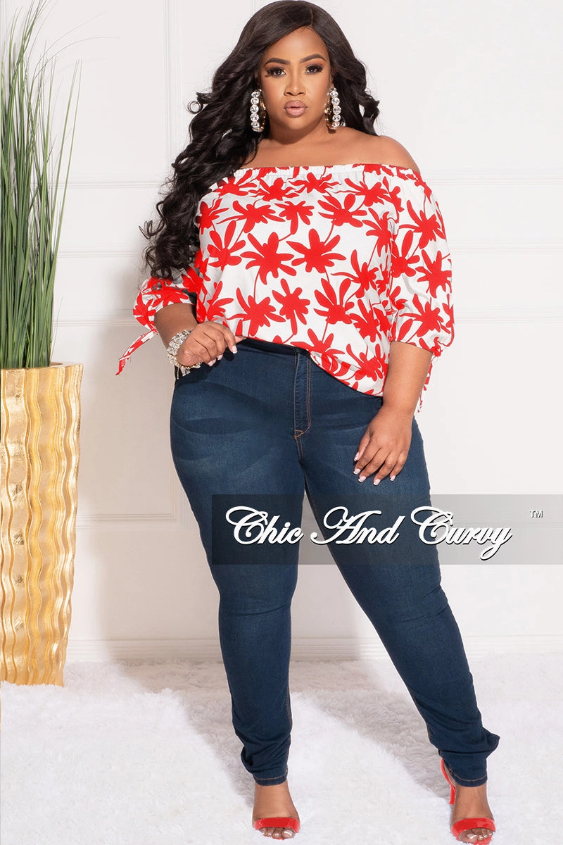 Final Sale Plus Size Off the Shoulder Top in White and Red Chestnut Leaf Print Quick Comfort Design Simple Comfort Wear