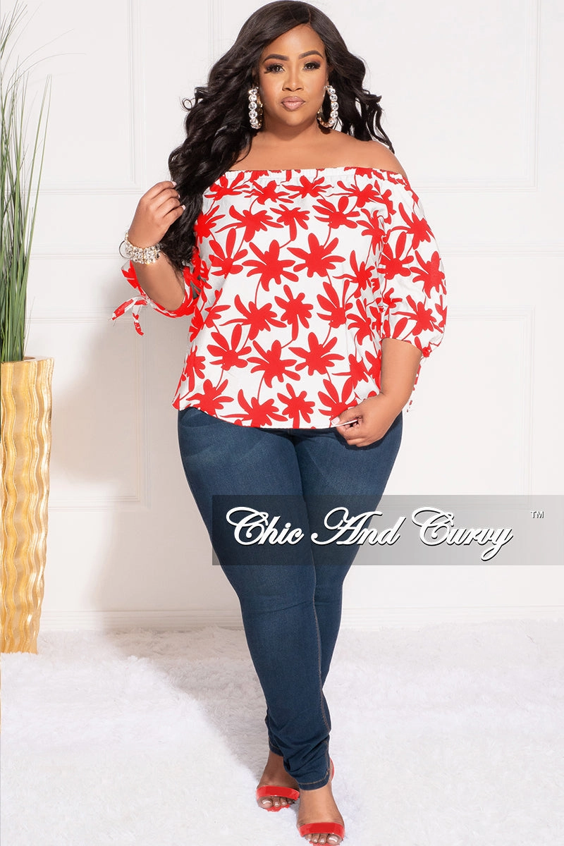 Water-resistant Final Sale Plus Size Off the Shoulder Top in White and Red Chestnut Leaf Print
