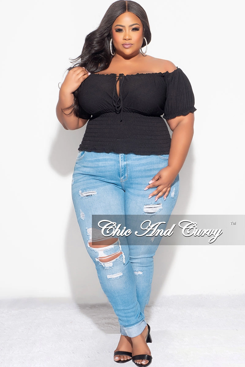 Final Sale Plus Size Off the Shoulder Top with Frill Bottom in Black Double Needle Stitching Flexible Ankle Cuffs