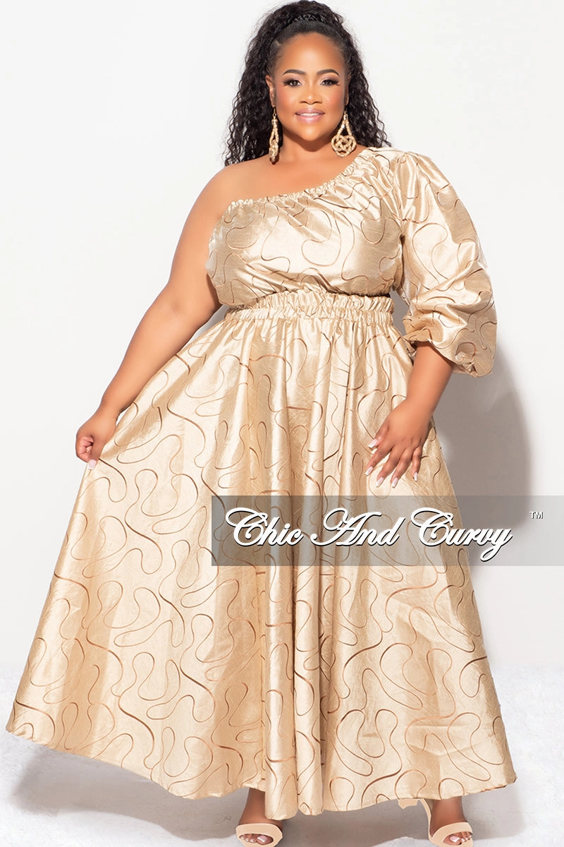Neutral Style BreathableMeshLining Final Sale Plus Size One Shoulder  Dress with  Front Cutout and Gold and Brown Design Print