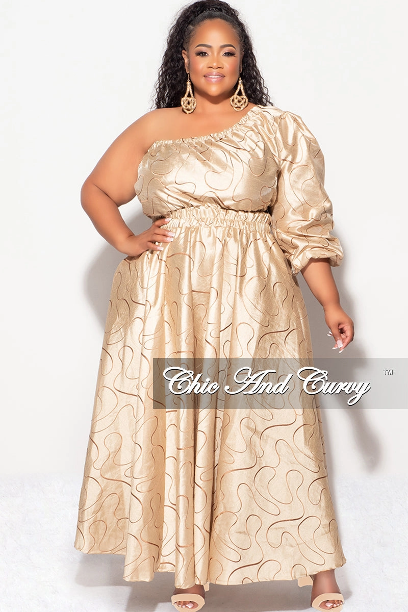 RipstopFabric Final Sale Plus Size One Shoulder  Dress with  Front Cutout and Gold and Brown Design Print