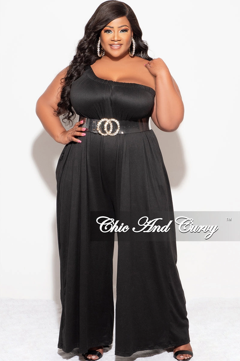 Relaxed Style Wrinkle Resistant Final Sale Plus Size One Shoulder Jumpsuit in Black