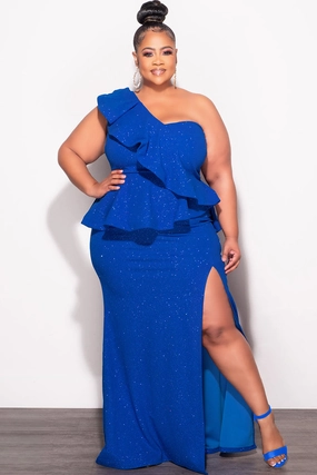 Double Needle Stitching Final Sale Plus Size One Shoulder Layered Ruffle Gown in Royal Blue Glitter