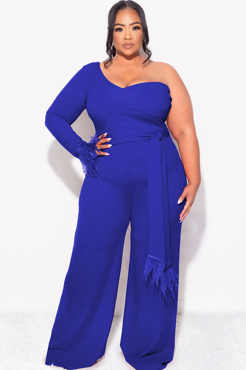 Final Sale Plus Size One Shoulder Long Sleeve Feather Cuff Jumpsuit with Tie in Royal Blue Low Profile Seaming
