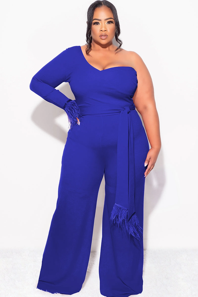 Tactile Soft Texture Final Sale Plus Size One Shoulder Long Sleeve Feather Cuff Jumpsuit with Tie in Royal Blue