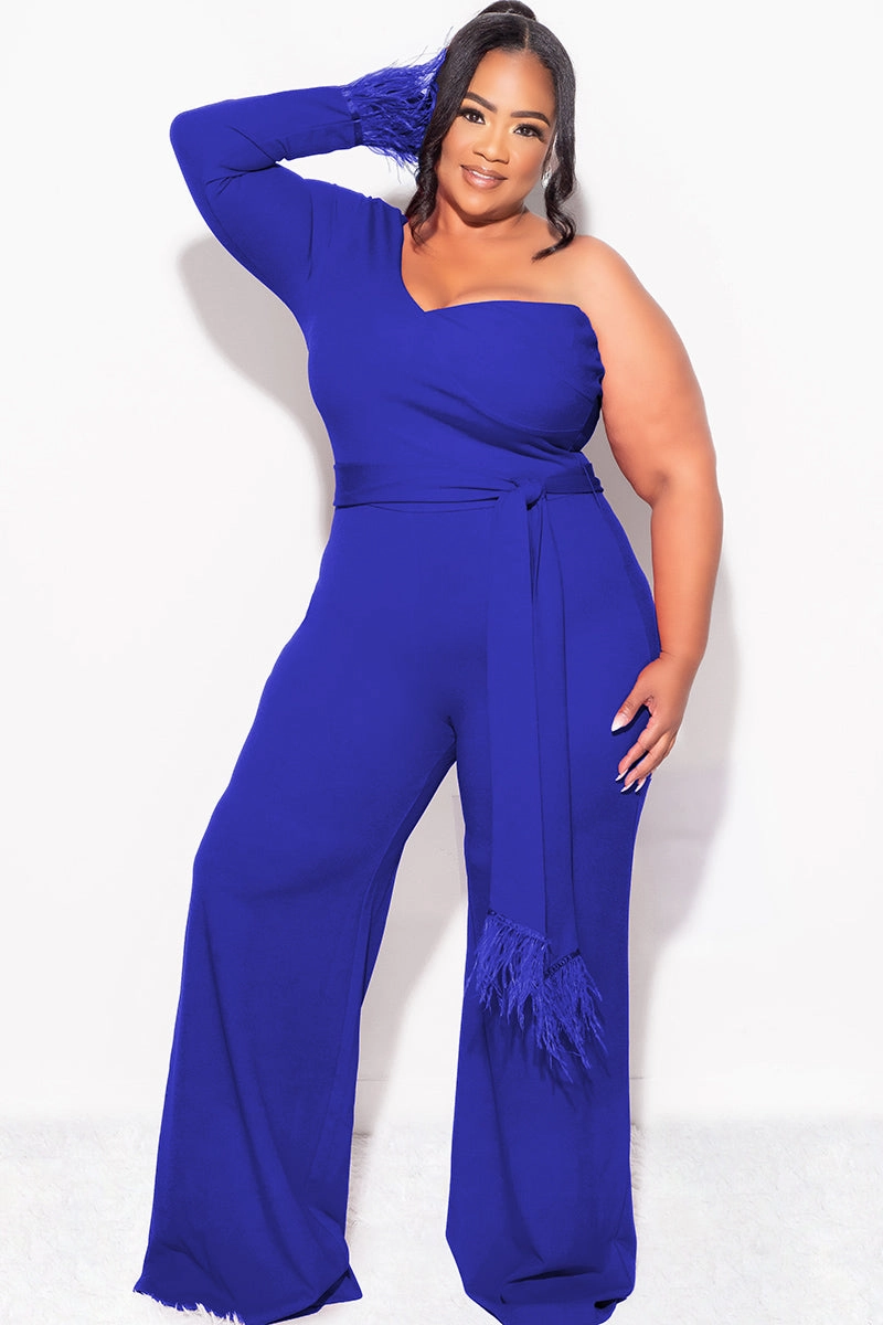 LaserCutVents Final Sale Plus Size One Shoulder Long Sleeve Feather Cuff Jumpsuit with Tie in Royal Blue