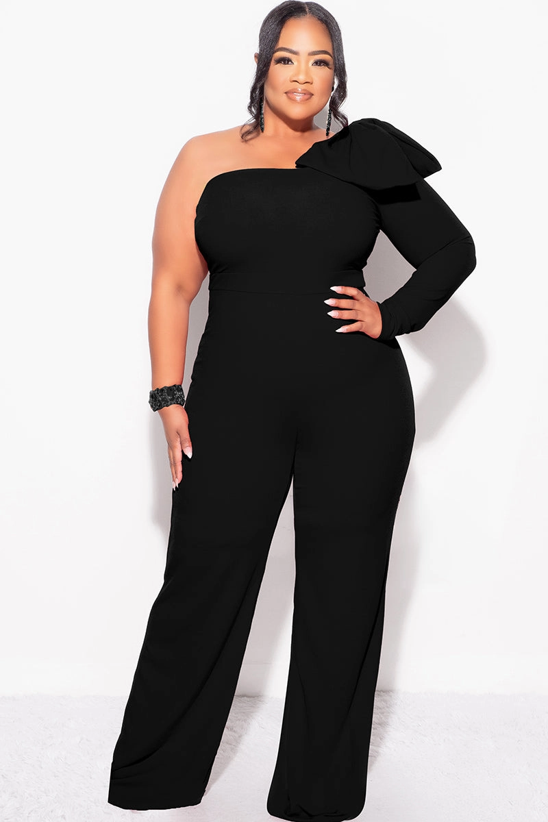 Smooth Stitching EcoCertified Textile Final Sale Plus Size One Shoulder Long Sleeve Jumpsuit with Bow in Black