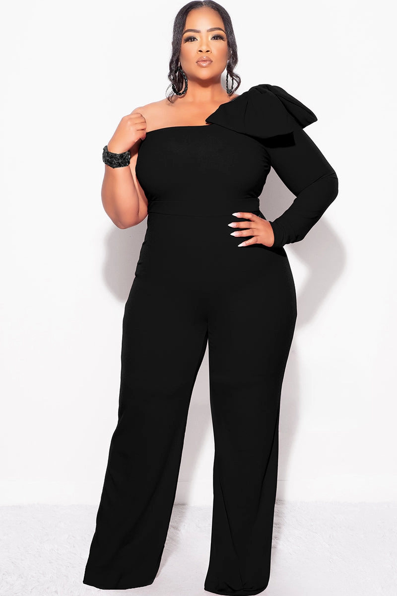 Final Sale Plus Size One Shoulder Long Sleeve Jumpsuit with Bow in Black MoistureControl