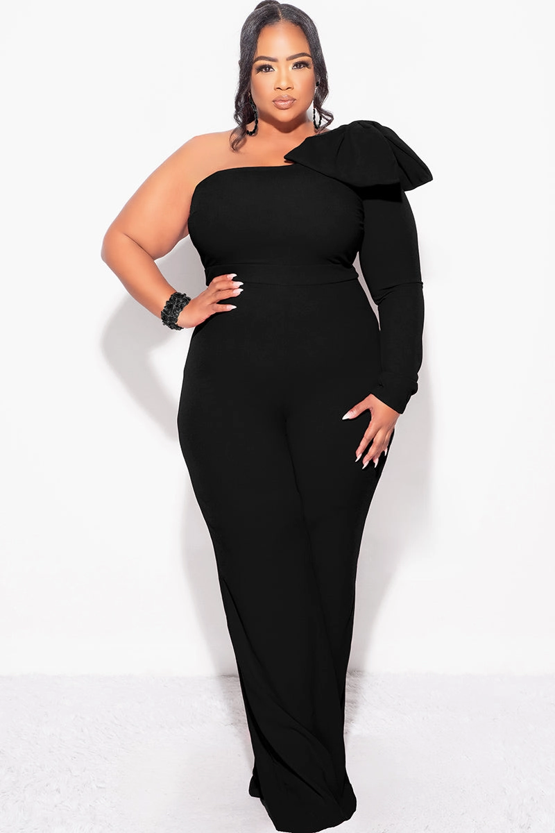 Fitted Shirt Final Sale Plus Size One Shoulder Long Sleeve Jumpsuit with Bow in Black