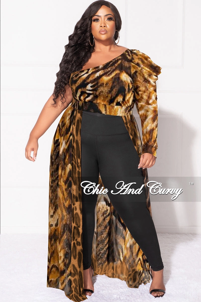 Noise Reduciting Fabric Final Sale Plus Size One Shoulder Mesh Top with Train in Tiger Print