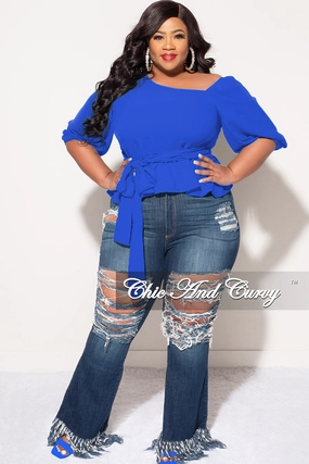 Water Resistant Finish Final Sale Plus Size One Shoulder Peplum Top in Royal Blue