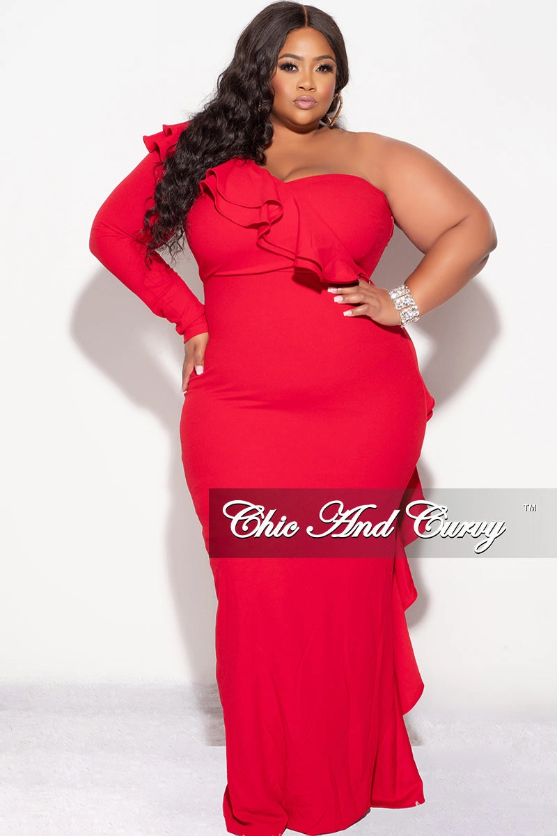Final Sale Plus Size One Shoulder Ruffle Trim Gown in Red Moisture Management Fabric Raglan Sleeve