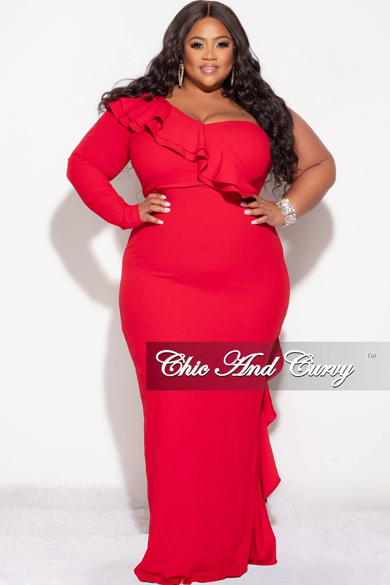 Final Sale Plus Size One Shoulder Ruffle Trim Gown in Red SoftTouch