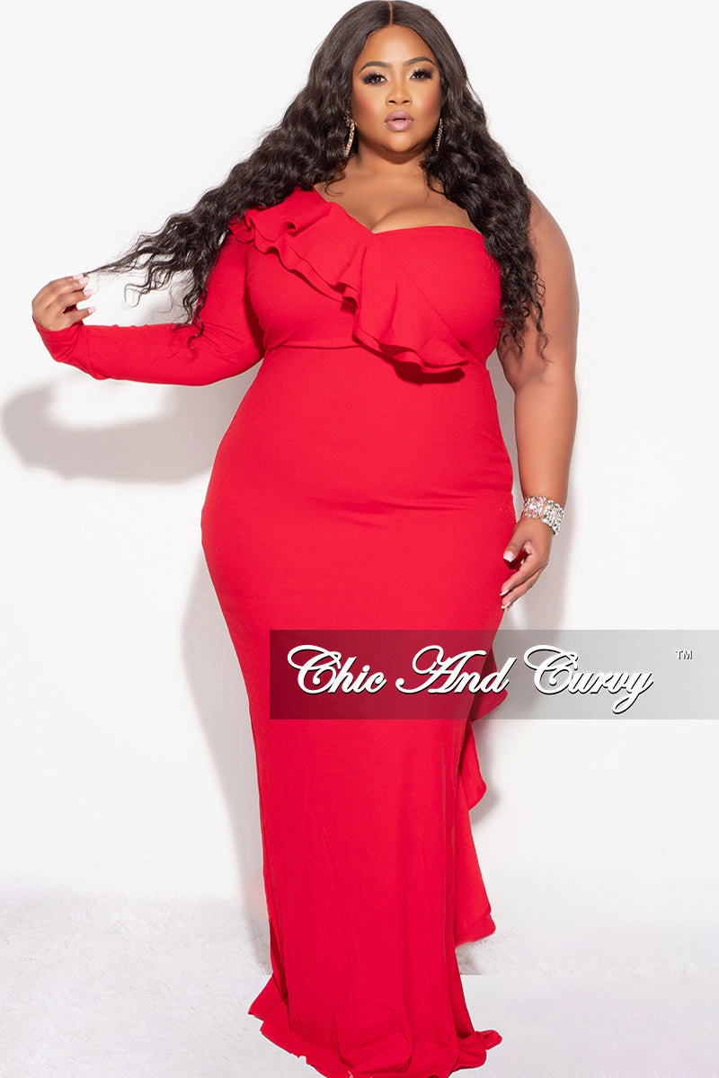 Summer Blouse Final Sale Plus Size One Shoulder Ruffle Trim Gown in Red