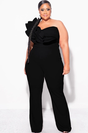 Quick Access Pockets Flattering Style Final Sale Plus Size One Shoulder Ruffle Trim Jumpsuit in Black