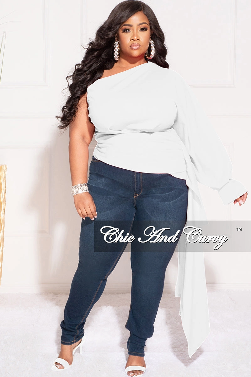 Final Sale Plus Size One Shoulder Top with Side Train in Ivory Chilly Day Wear Smooth zipper closure