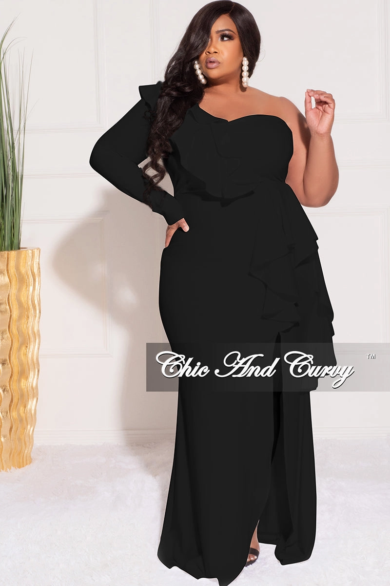Final Sale Plus Size One Sided Ruffle Gown with Front Slit in Black AntiStaticLining Temperature Control Technology
