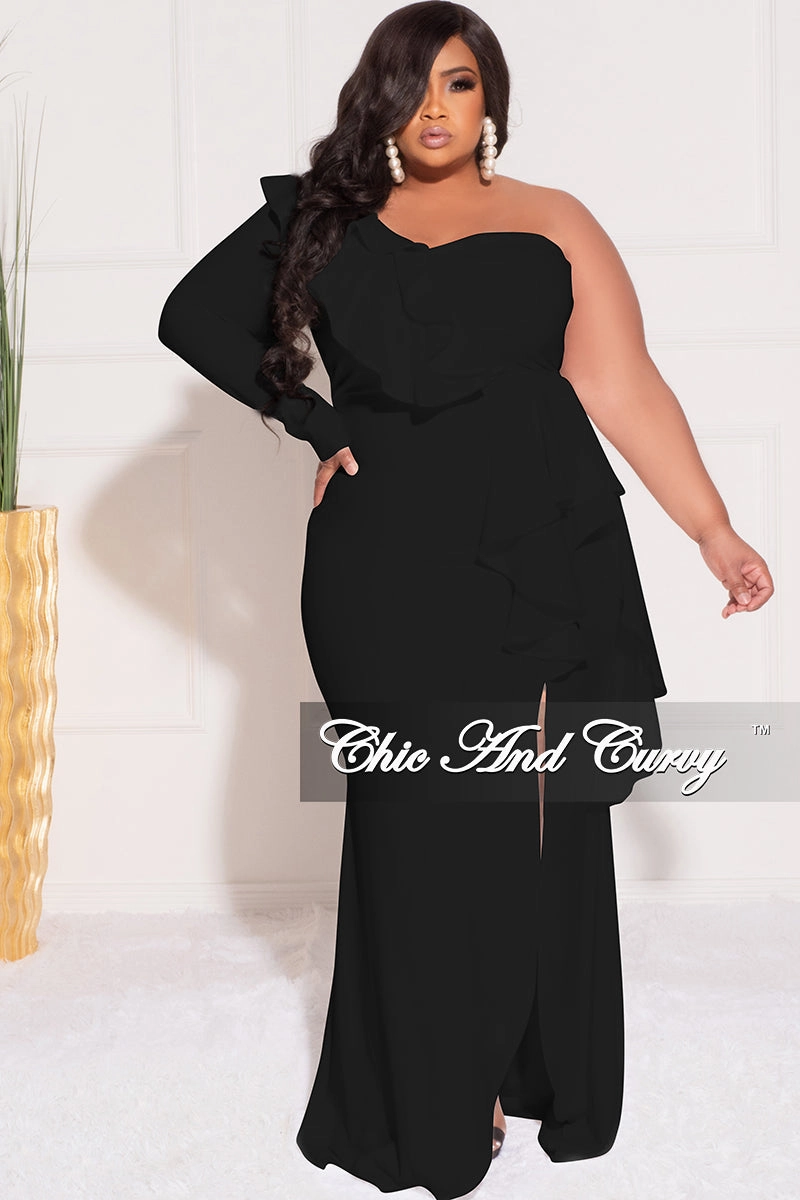 Anti Pill Surface Biodegradable material Final Sale Plus Size One Sided Ruffle Gown with Front Slit in Black