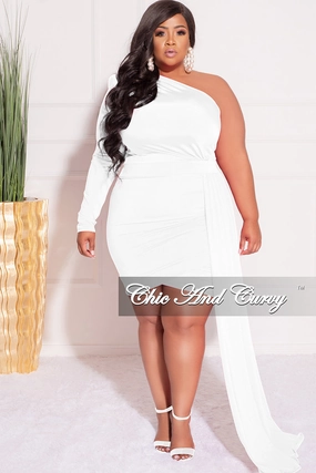 LowMaintenance Fabric Convertible Sleeve Adaptation Final Sale Plus Size One Sleeve Long Sash Dress in White