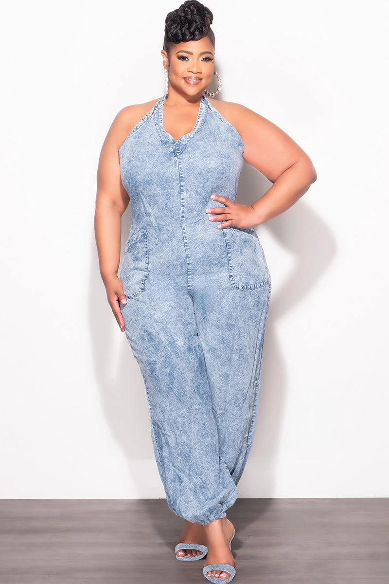 Final Sale Plus Size Oversized Halter Jumpsuit in Chambray TaglessLabel Tough Flex