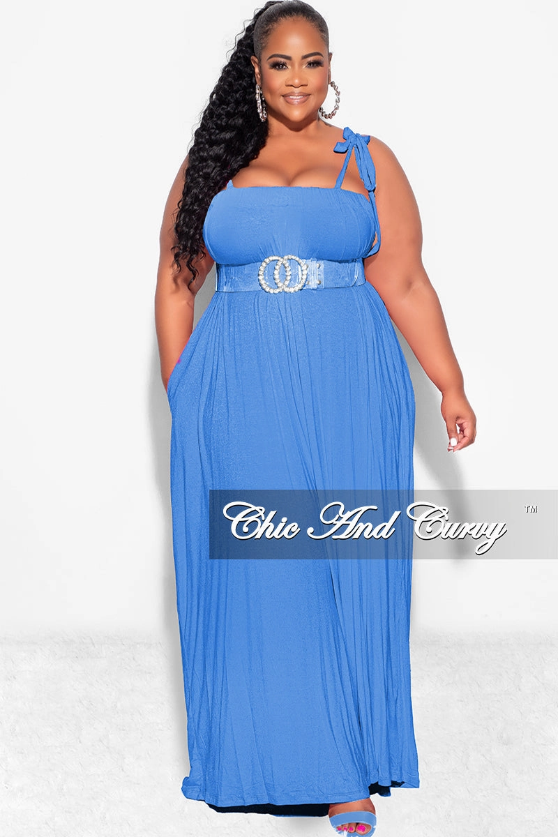 No Iron HighWaistSupport Final Sale Plus Size Oversized Jumpsuit with Self Tie Straps in Blue