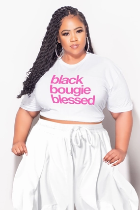 Sporty Chic NonRestrictiveFit Final Sale Plus Size Oversized Unisex Fit White Black, Bougie & Blessed T-Shirt