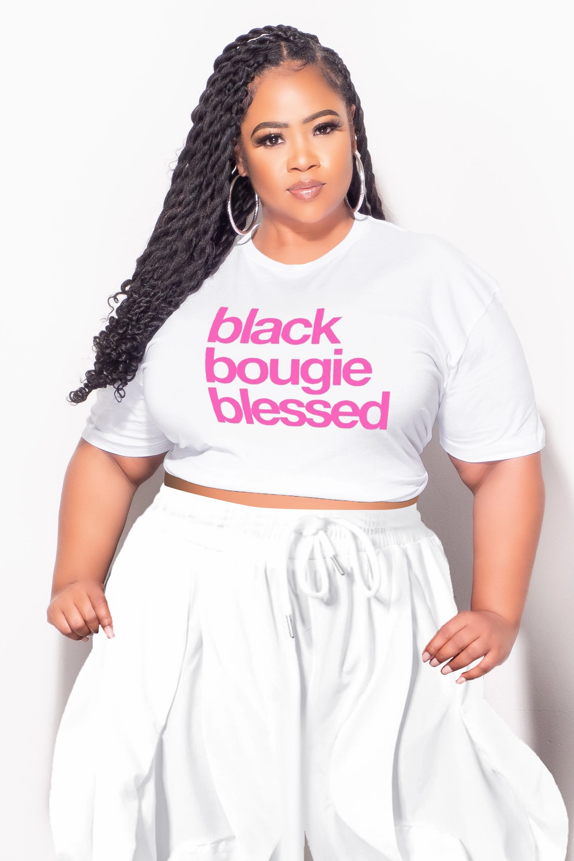Sporty Chic NonRestrictiveFit Final Sale Plus Size Oversized Unisex Fit White Black, Bougie & Blessed T-Shirt
