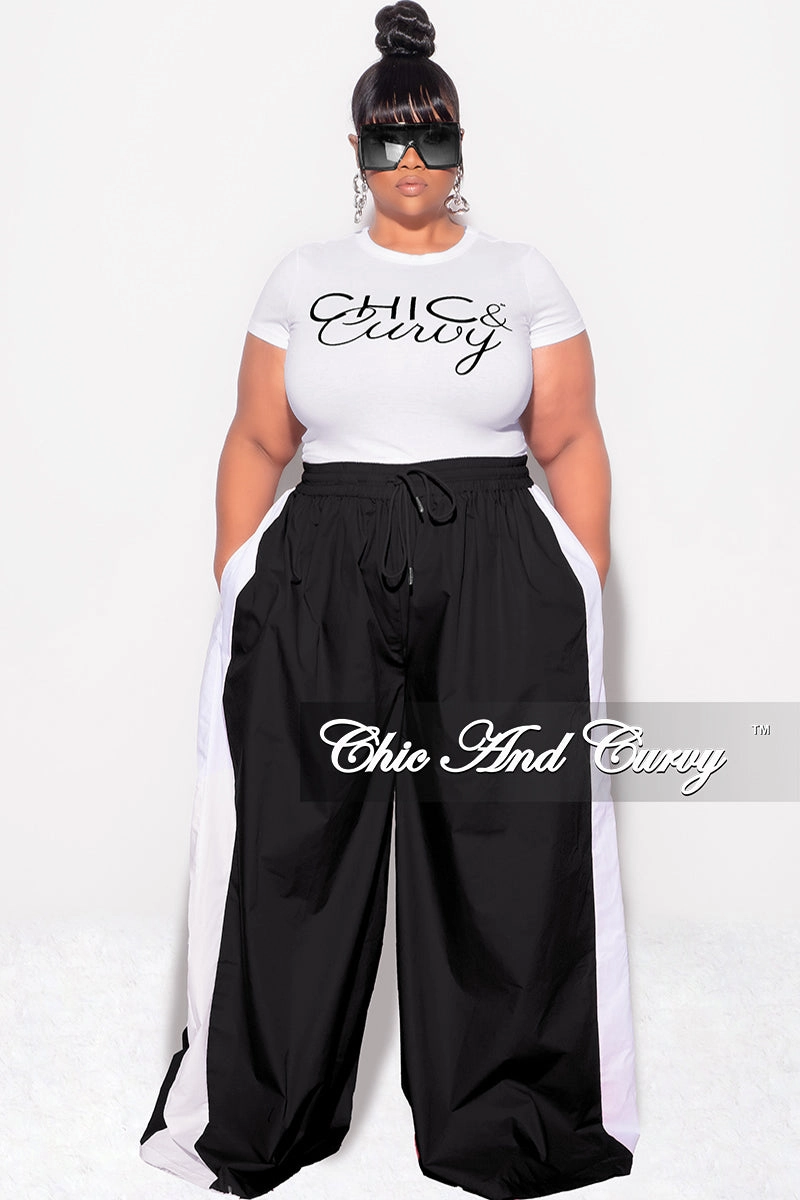 Final Sale Plus Size Oversized Varsity Windbreaker Striped Wide Leg Pants in Black and White Static free Comfortable Layering