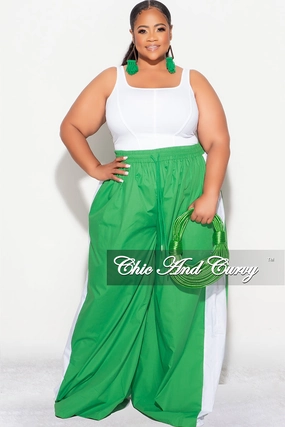 Elastic waist SustainableManufacturing Final Sale Plus Size Oversized Varsity Windbreaker Striped Wide Leg Pants in Green and White
