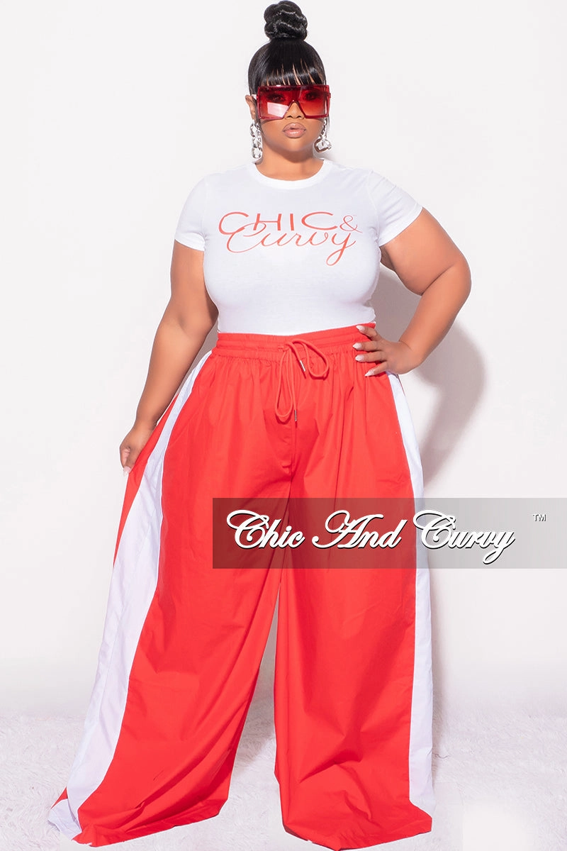 Soft Interior Flared bottom Final Sale Plus Size Oversized Varsity Windbreaker Striped Wide Leg Pants in Red and White