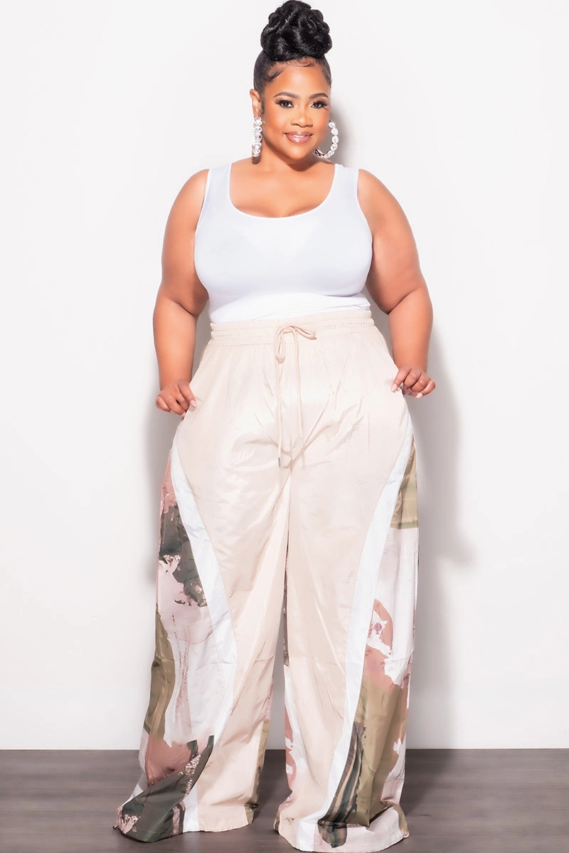 Pull-on style Utility Pockets Final Sale Plus Size Oversized Windbreaker Wide Leg Pants in Tan and Green