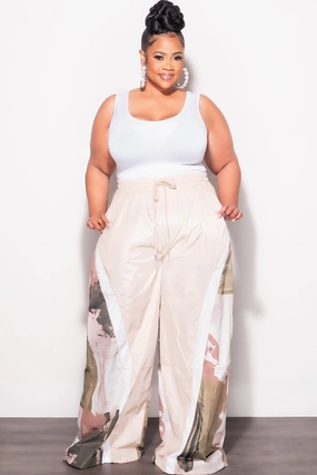 Pull-on style Utility Pockets Final Sale Plus Size Oversized Windbreaker Wide Leg Pants in Tan and Green