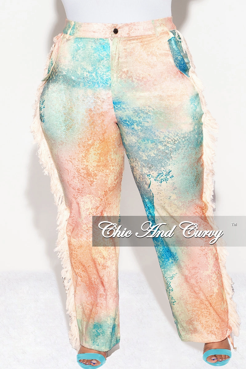 quick dry Stylish Appearance Final Sale Plus Size Pants with Fringe High Waist in Abstract Greens & Peach