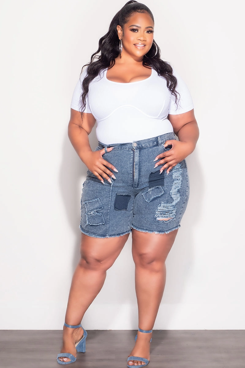 Flattering Design Final Sale Plus Size Patchwork Shorts in Denim