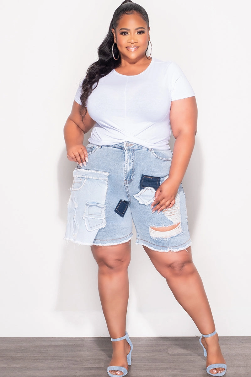 Organic Cotton Blend Final Sale Plus Size Patchwork Shorts in Light Denim