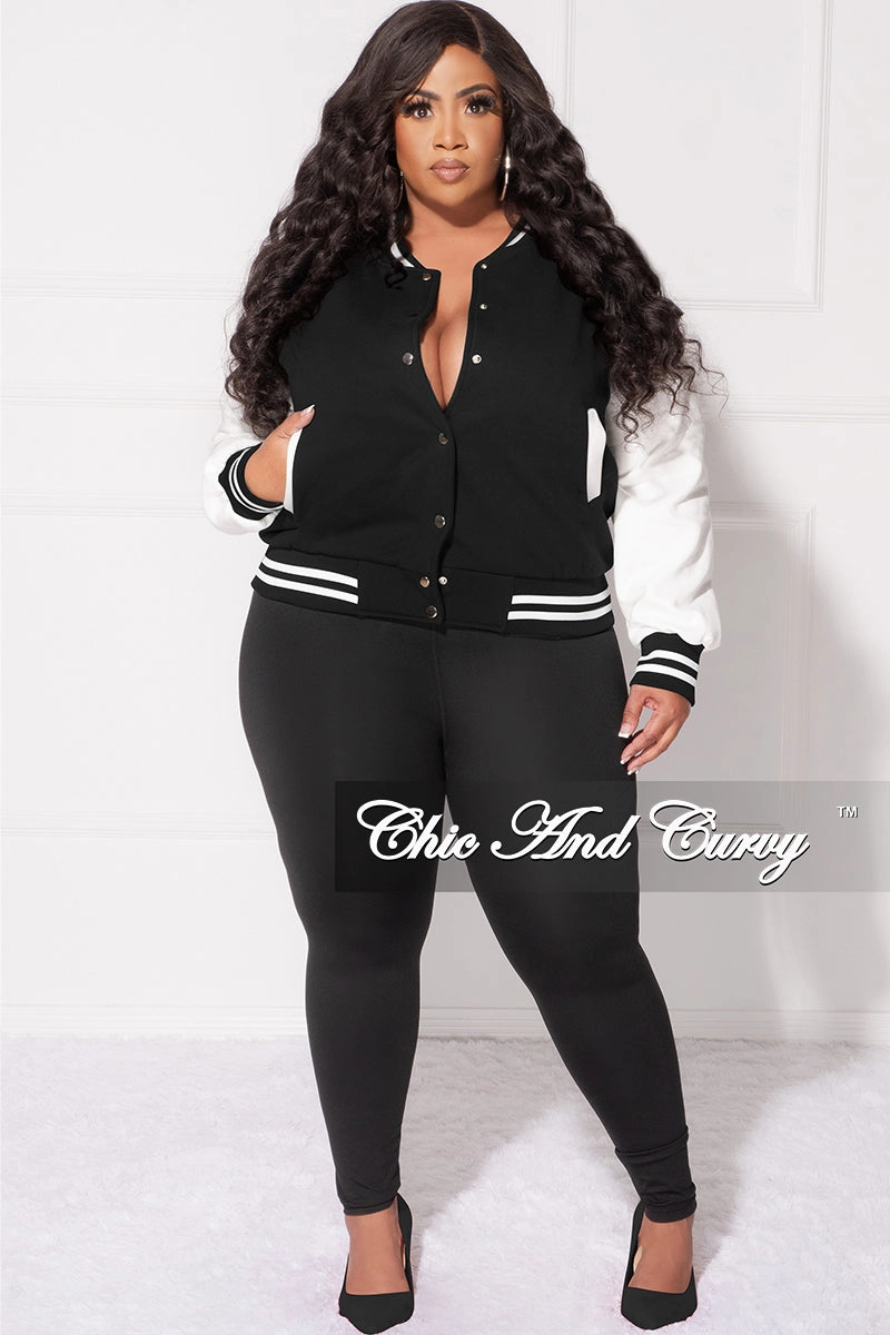 Final Sale Plus Size Plain Varsity Jacket in Black and White Relax Mode