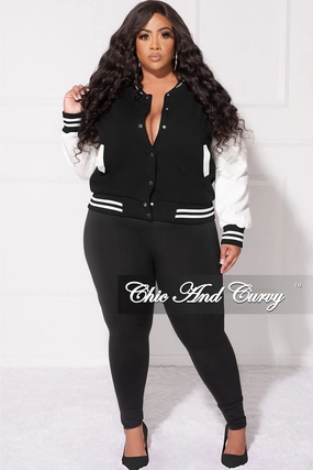 Active Flex Performance Design Final Sale Plus Size Plain Varsity Jacket in Black and White