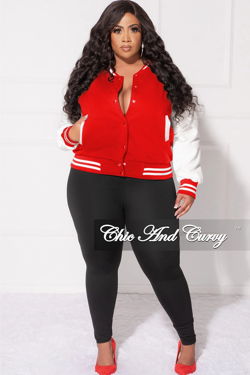 Final Sale Plus Size Plain Varsity Jacket in Red and White Anti Cling Finish Lightweight Feel