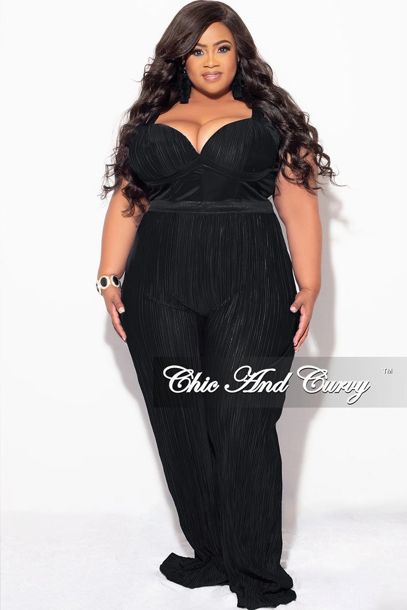 Final Sale Plus Size Pleated Jumpsuit in Black FlexibleCollar Curved Hem Design