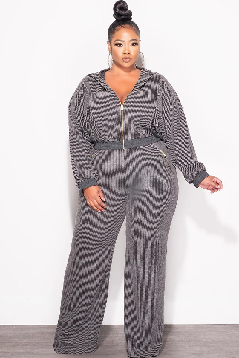 Final Sale Plus Size Plush Ribbed 2pc Hooded Zip-Up Jacket and Pants Set in Black Mesh Comfort AdjustableDrawstring