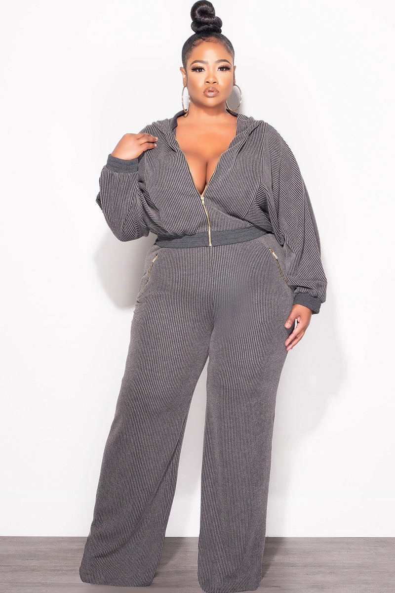 Side zipper Final Sale Plus Size Plush Ribbed 2pc Hooded Zip-Up Jacket and Pants Set in Black