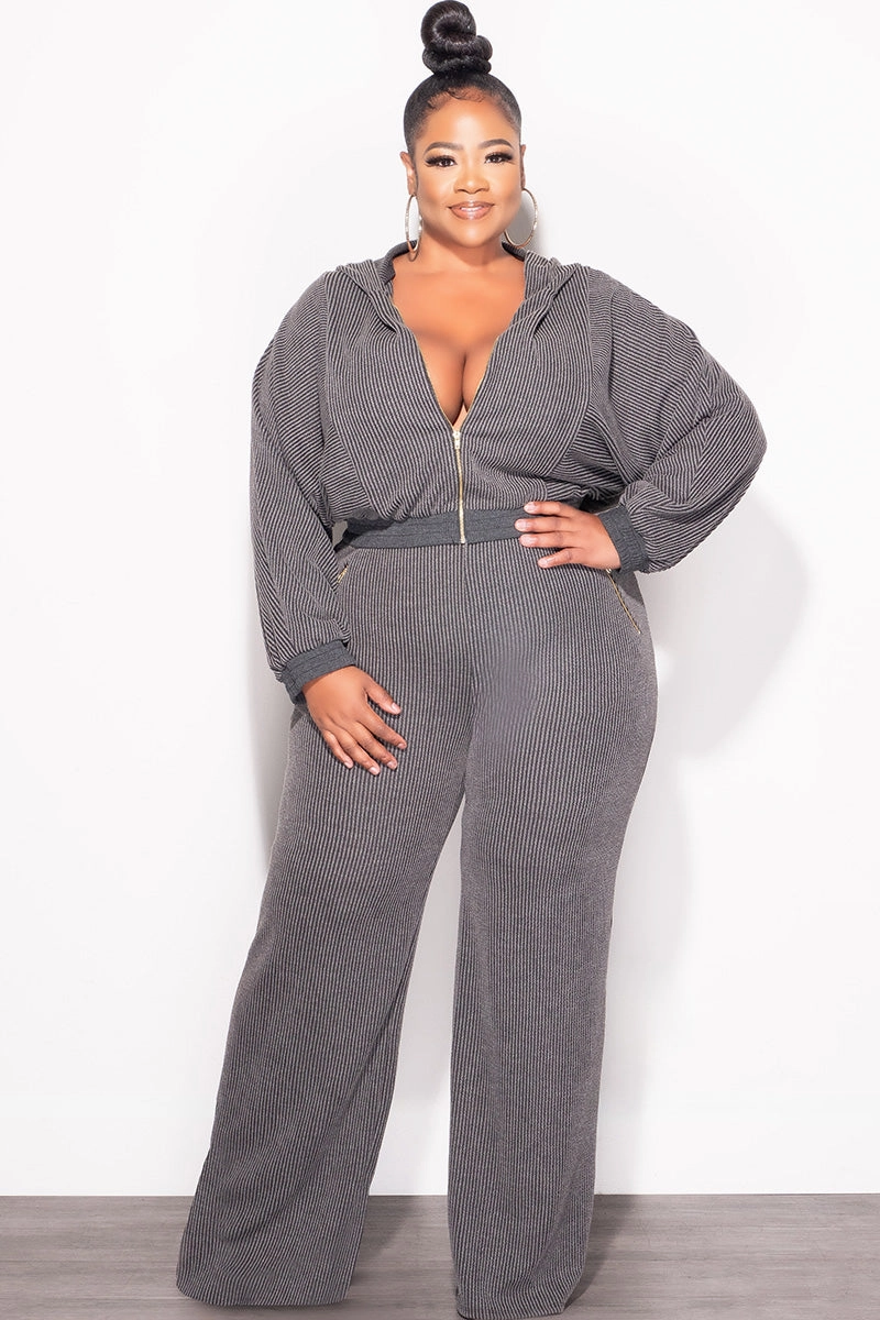 Simple Comfort Final Sale Plus Size Plush Ribbed 2pc Hooded Zip-Up Jacket and Pants Set in Black