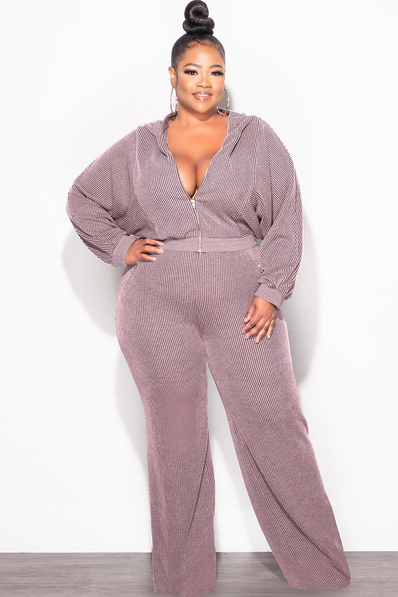Weekend Comfort Soft Touch Final Sale Plus Size Plush Ribbed 2pc Hooded Zip-Up Jacket and Pants Set in Lavender