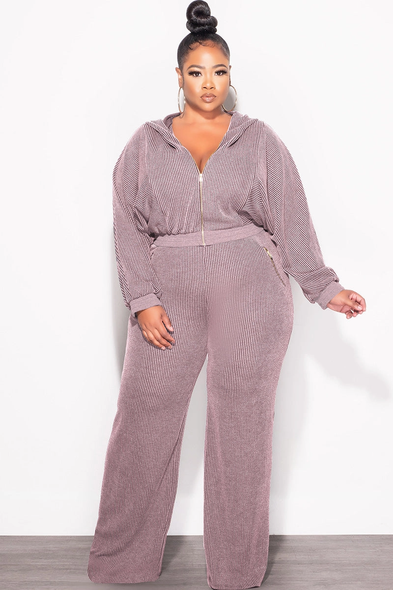 Final Sale Plus Size Plush Ribbed 2pc Hooded Zip-Up Jacket and Pants Set in Lavender Low Rise Fit