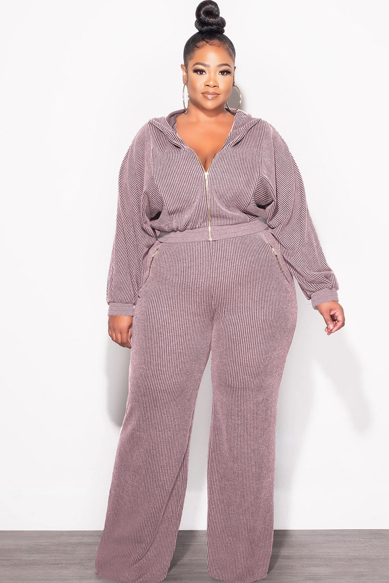 Flex Movement Final Sale Plus Size Plush Ribbed 2pc Hooded Zip-Up Jacket and Pants Set in Lavender