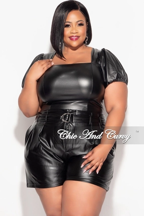 Final Sale Plus Size Puffed Sleeve Faux Leather Top in Black Performance Wear