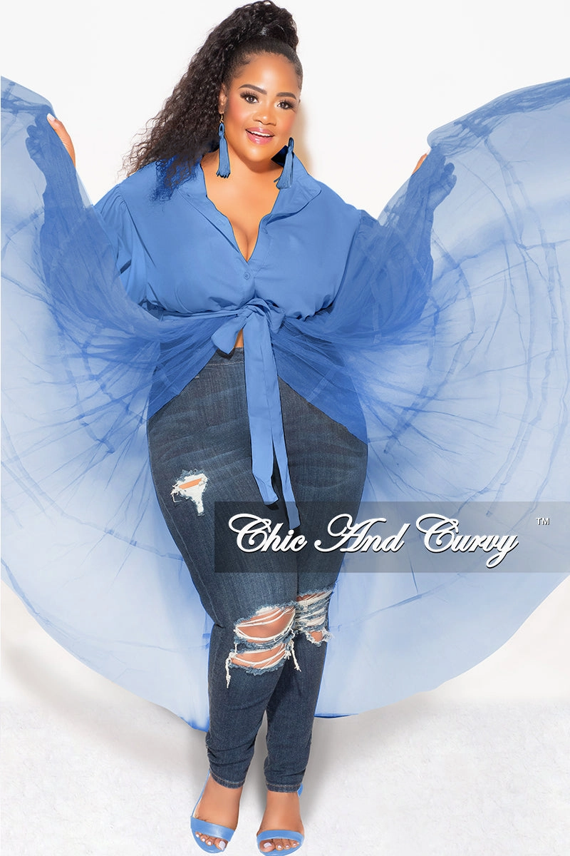 Versatile Look Final Sale Plus Size Puffy Long Sleeve Button Up Top with Mesh Train in Blue