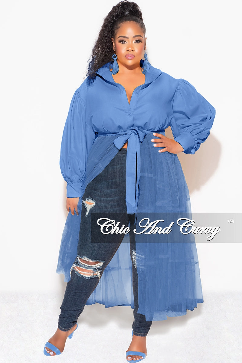 Final Sale Plus Size Puffy Long Sleeve Button Up Top with Mesh Train in Blue Core Fit Design