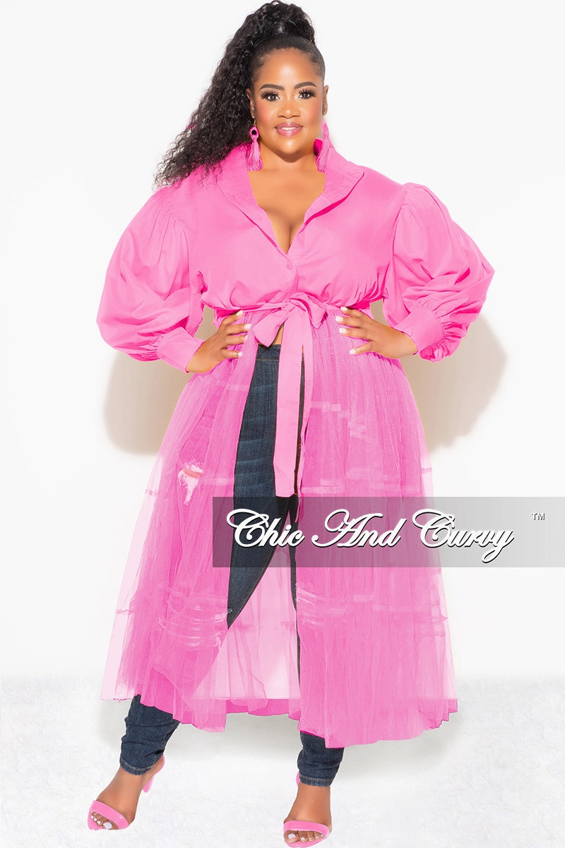 Final Sale Plus Size Puffy Long Sleeve Button Up Top with Mesh Train in Pink Sport Comfort Fit Wool blend
