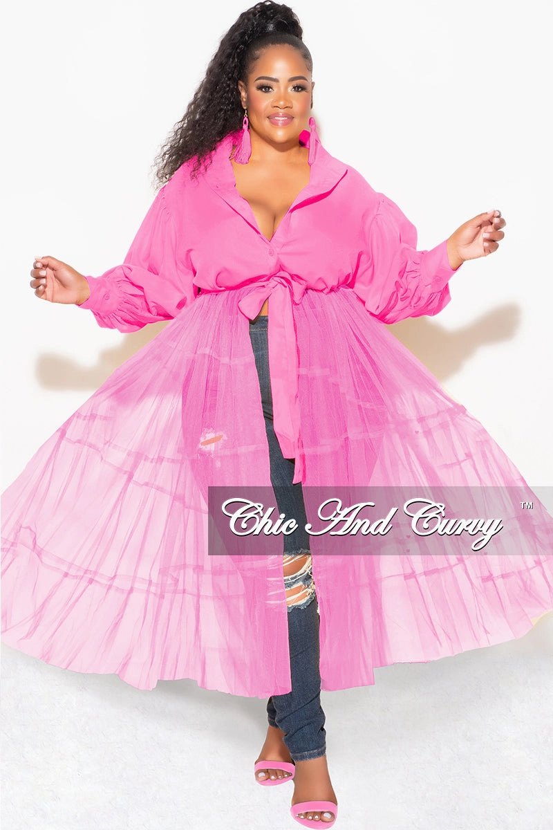 tailored look Final Sale Plus Size Puffy Long Sleeve Button Up Top with Mesh Train in Pink